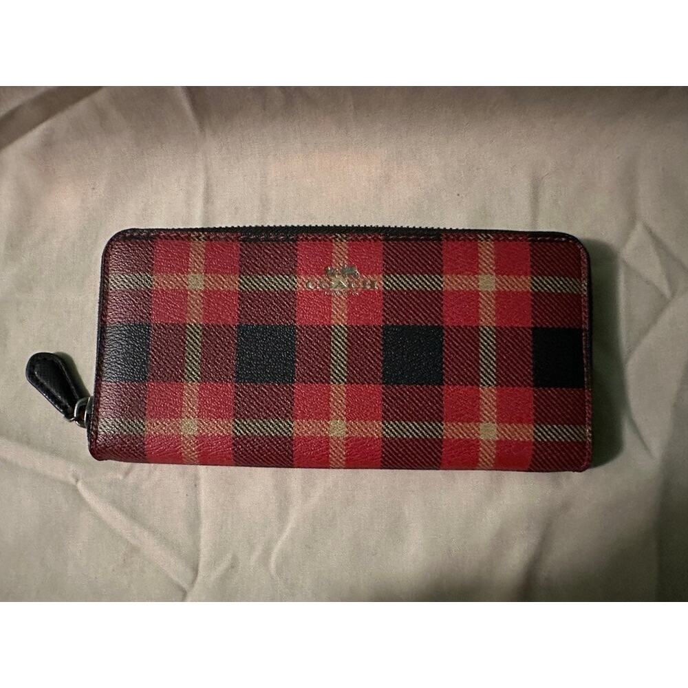 Coach Plaid Zip Wallet, Red & Black Tartan Design, Excellent Condition